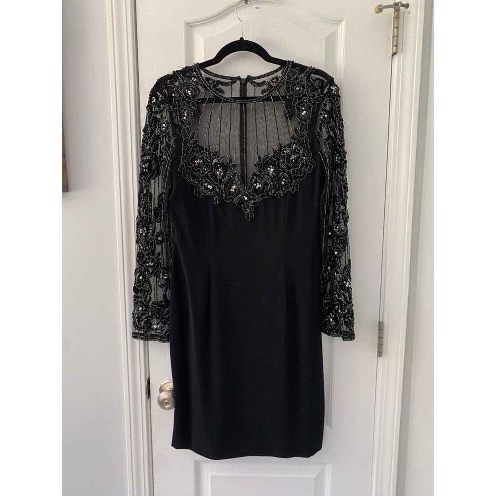 Lillie Rubin Vintage Black Beaded Sequin Sheer Mesh Cocktail Dress Size 10